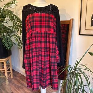 Red and Black Grunge Y2K Plaid Dress with Black Lace Bodice & Sleeves 2X Haptic